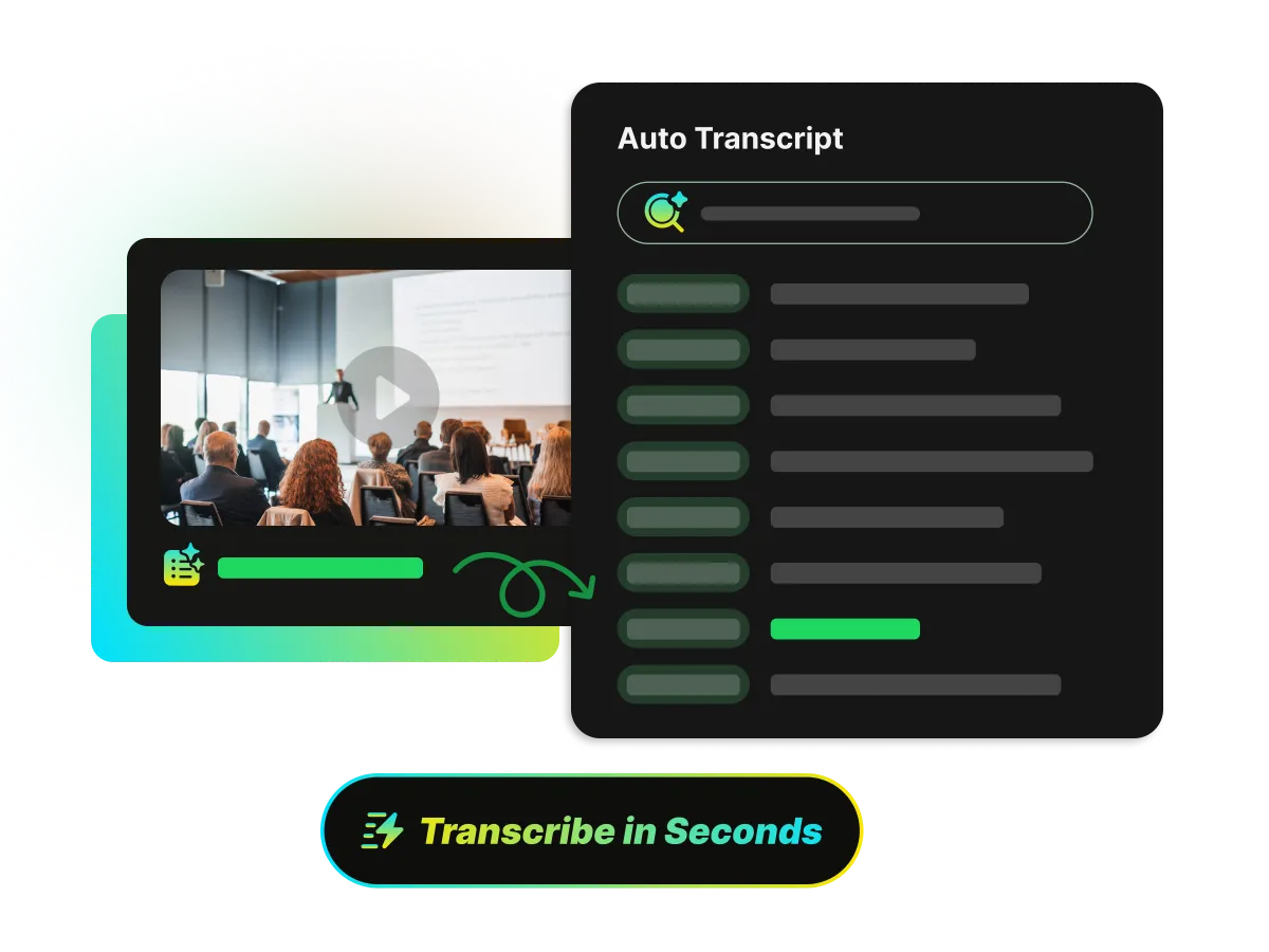 WayinVideo's AI video transcript generator creating an auto transcript from a lecture, with a button emphasizing the 'Transcribe in Seconds' speed.